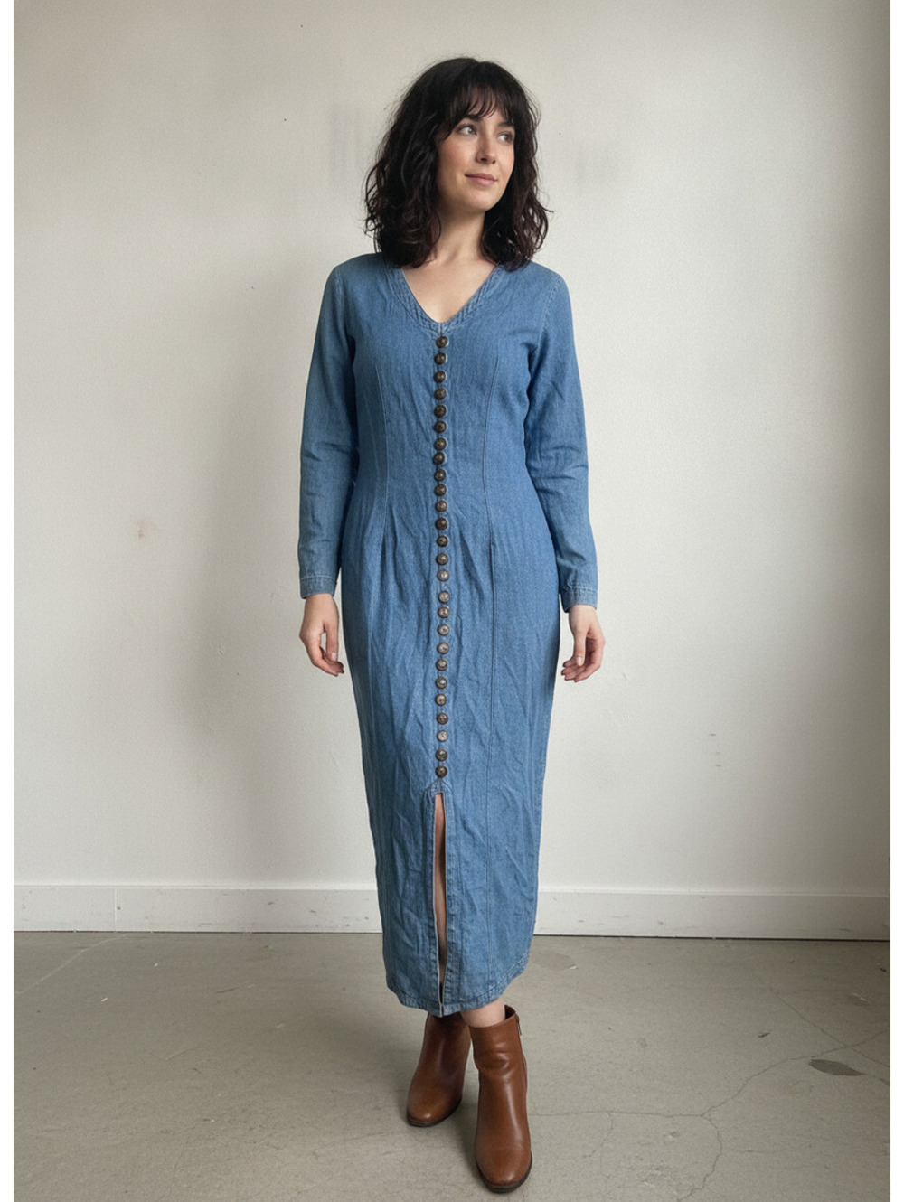 Express full button down Blue Denim fairycore whimsigoth 90s Midi Dress size 6